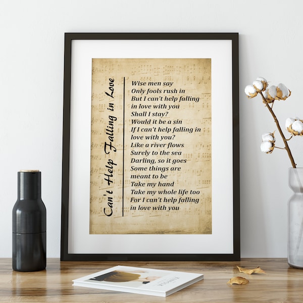 Can't Help Falling in Love - Song Lyrics Printable Wall Art Print, Digital Picture for Living Room, Bedroom or Office - Digital Download