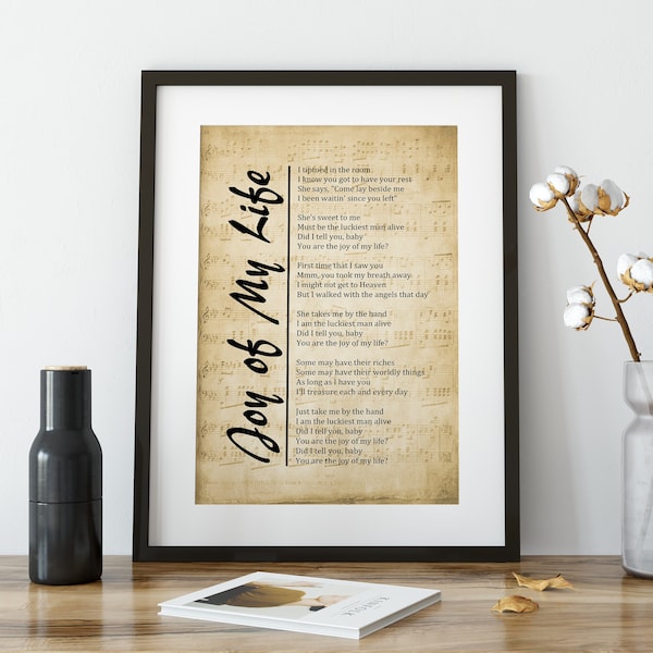 Joy of My Life - Lyrics on Sheet Music Background, Lyrics Picture, Music Lyrics Wall Art, Music Gift, Print,  Wall Décor, Free Shipping