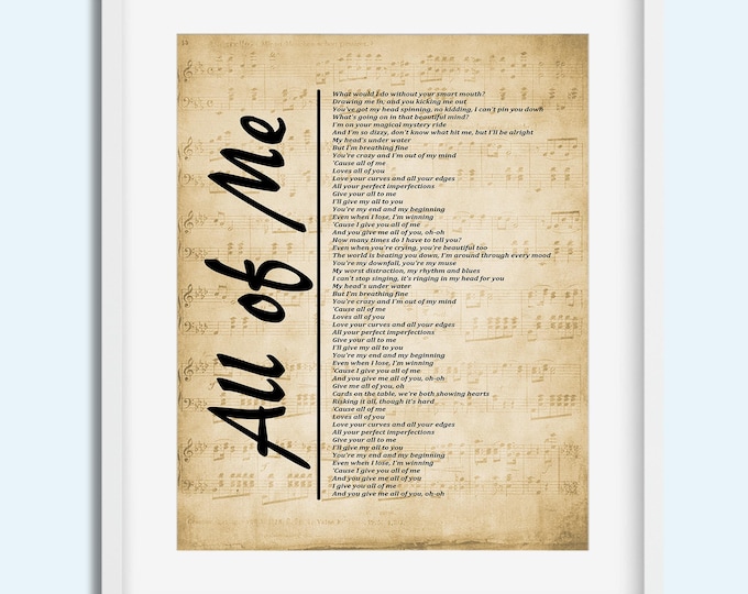 All of Me Lyrics Print | First Dance Wedding Song Lyric Wall Art | John Legend Printable | Instant Print Digital Download | Romantic Décor
