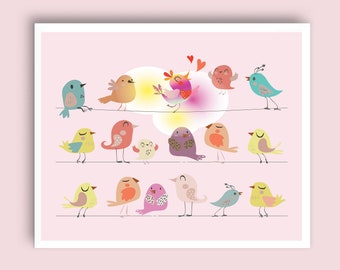 Nursery Wall Art, Nursery Décor, Happy Birds on a Wire Wall Art Print , Cute Birds, Great Baby Shower Gift - Digital Download