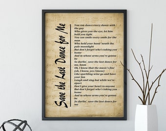 Save The Last Dance for Me, Song Lyrics on Sheet Music Background, Printable Wall Art, Music Poster Wall Hanging Digital Download
