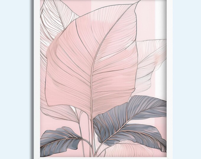 Modern Pink Botanical Art Print - Tropical Leaf Illustration | Digital Download Wall Décor, 5x7 to 11x14, 300 DPI
