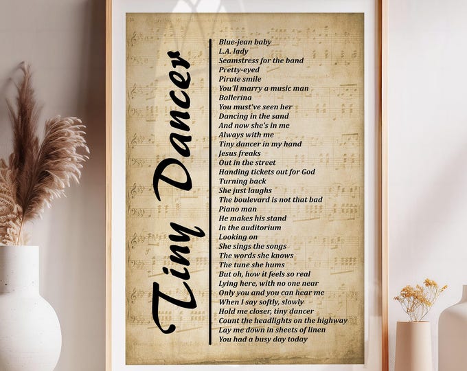 Tiny Dancer Lyrics Print on Sheet Music Background, Song Lyrics Wall Art, - Free Shipping