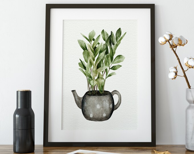 Instant Print Wall  Art - Watercolor illustration of a Plant in a Tea Pot, Wall Art Print, Picture for, Kitchen or Living Room, Home Décor