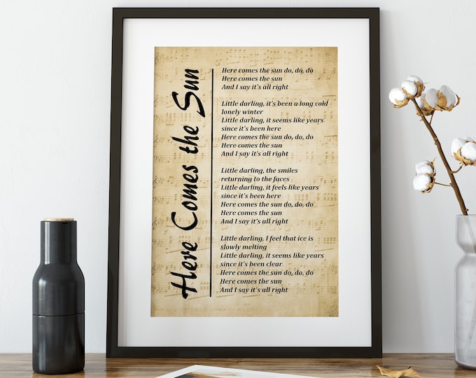 Here Comes The Sun Lyrics on Sheet Music, Digital Download, Lyrics Picture,  Music Lyrics Wall Art, Music Gift, Wall Décor, Instant Download