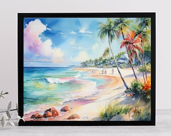 Tropical Beach Day Watercolor Art Print | Sunny Coastal Scene with Palm Trees and Beach House | Digital Download for Printable Wall Décor
