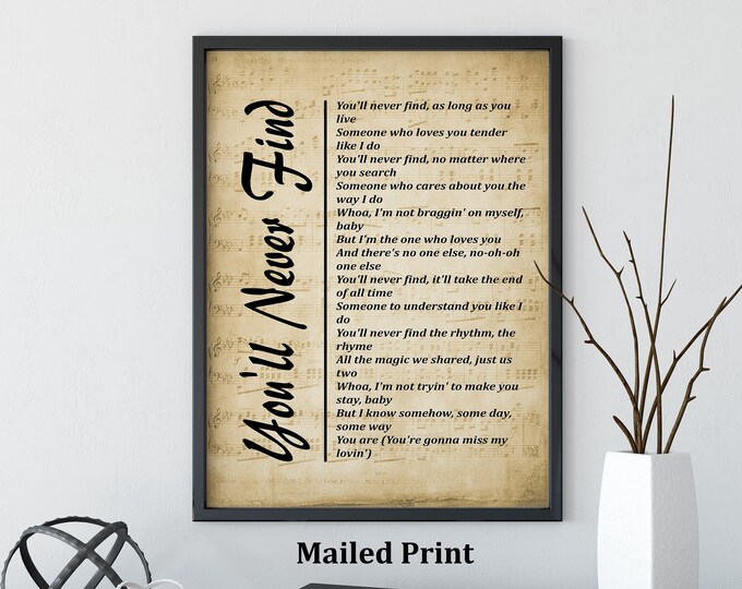 You'll Never Find Another Love Like Mine Lyrics Print on Sheet Music Background, Song Lyrics Wall Art, - Free Shipping