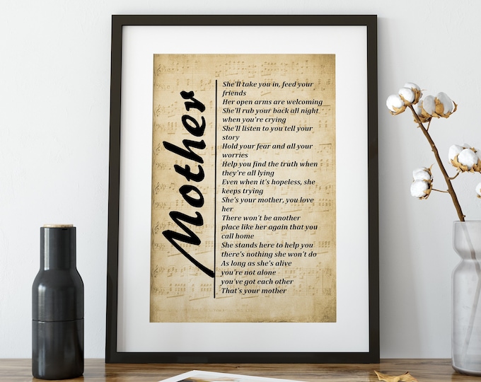 Mother Lyrics Printable by Sugarland Song Lyrics Wall Art  on Sheet Music Background - Digital Download