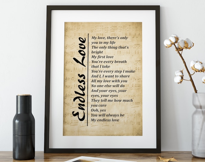 Wall Art - Endless Love Digital Download - Song Lyrics Printable Wall Art Print, Digital Picture for Living Room, Bedroom or Office