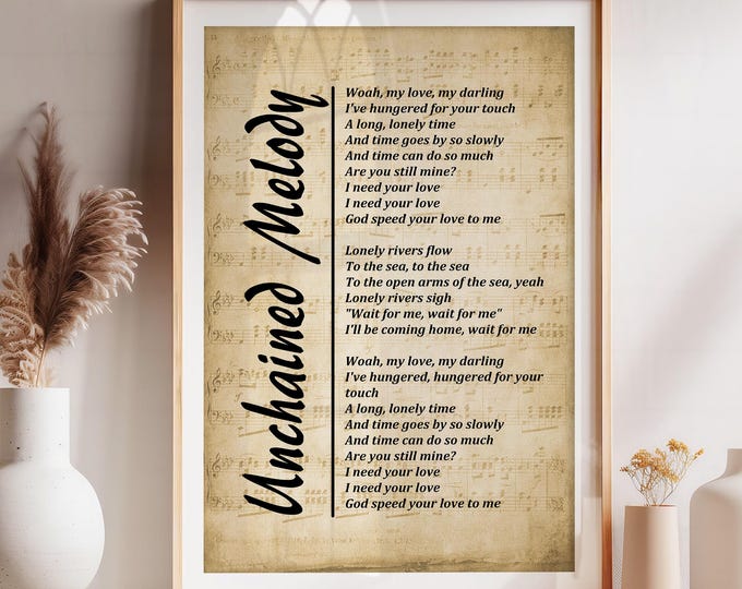 Unchained Melody Lyrics Print on Sheet Music Background, Song Lyrics Wall Art, - Free Shipping
