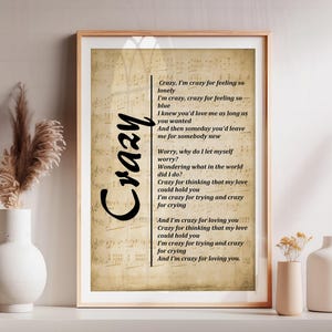 Patsy Cline 'Crazy' Song Lyrics Print: Vintage Sheet Music Wall Art