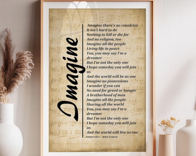 Imagine Song Lyrics Print on Sheet Music Background,  Wall Art Print, Music Poster Wall Hanging - Free Shipping