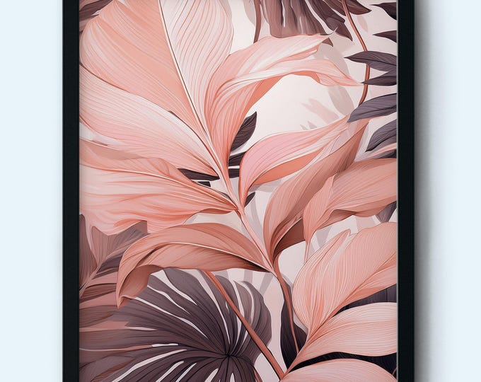 Blush Botanical Wall Art – Tropical Pink & Mauve Leaf Print, Wall Art Print for, Living Room or Bedroom or Office Home Décor