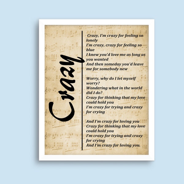 Crazy, Patsy Cline Wall Art Print, Song Lyrics Printable - Digital Picture for Living Room, Bedroom or Office, Home Décor - Digital Download