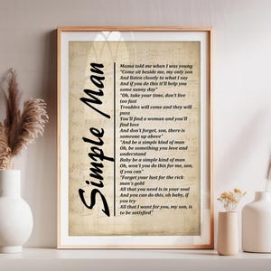 Simple Man Lyrics on Sheet Music, Lyrics Picture, Music Lyrics Wall Art, Music Gift, Print,  Wall Décor, Free Shipping