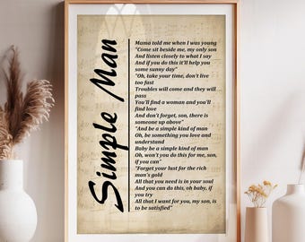 Simple Man Lyrics on Sheet Music, Lyrics Picture, Music Lyrics Wall Art, Music Gift, Print,  Wall Décor, Free Shipping