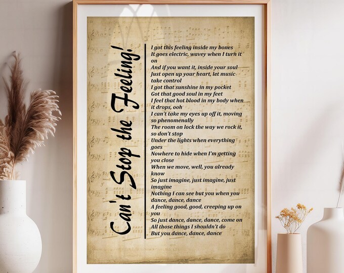 Can't Stop This Feeling - Lyrics on Sheet Music Background, Song Lyrics Wall Art - Instant Download – Wall Hangings - Wall Decor