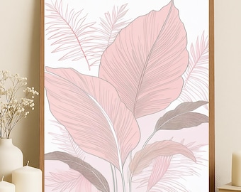 Blush Botanical Leaf Art Print | Tropical Minimalist Wall Décor | Soft Earthy Tones | Nature-Inspired Home Aesthetic | Unframed Print