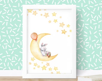 Nursery Wall Art Digital Download, Bunny on the Moon, Great Baby Shower Gift, Cute Animal Sitting On the Moon, Nursery Décor