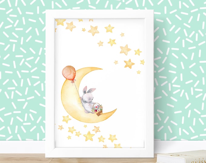 Nursery Wall Art Digital Download, Bunny on the Moon, Great Baby Shower Gift, Cute Animal Sitting On the Moon, Nursery Décor