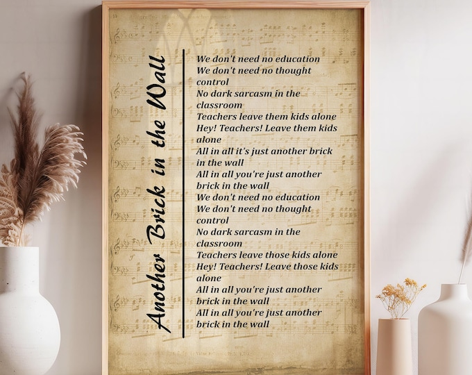 Another Brick in the Wall Song Lyrics Wall Art Print, Digital Picture, Home Decor  + Free Shipping