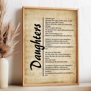 Daughters Song Lyrics on Sheet Music: Heartfelt Family Wall Art - Instant Print - Digital Download Gift