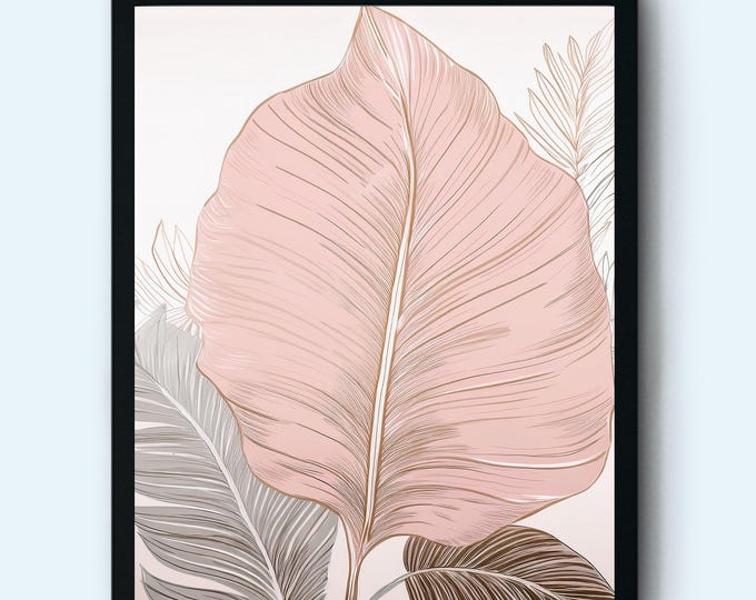 Blush Botanical Leaf Print – Minimalist Tropical Wall Art in Soft Neutrals | Modern Plant Illustration for Home Décor