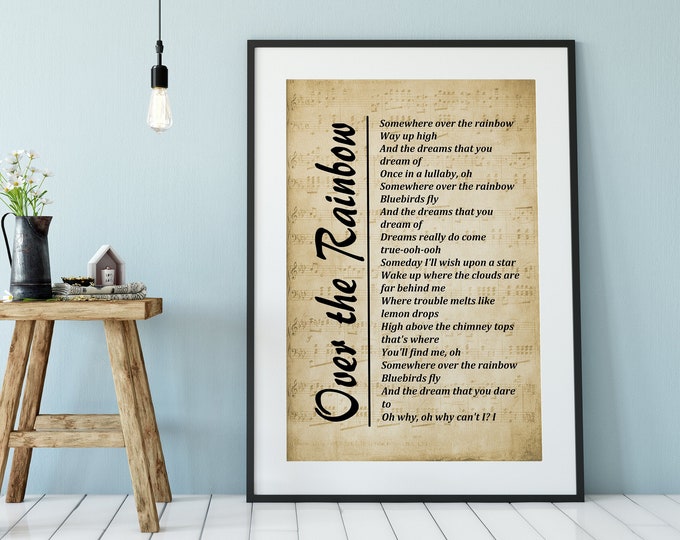 Lyrics on Sheet Music Background - Over The Rainbow , Song Lyrics Wall Art, Wall Décor - Free Shipping