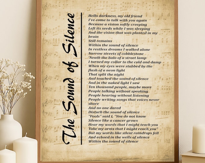 Song Lyrics Digital Print - The Sound of Silence , Lyrics Picture, Music Lyrics Wall Art, Wall Décor, , Music Gift - Free Shipping