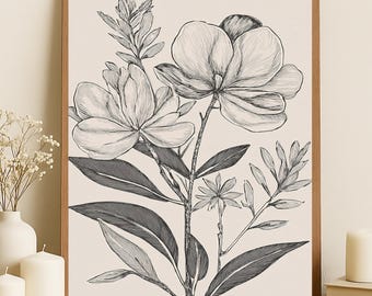 Elegant Botanical Line Art Print | Minimalist Black & White Flower Wall Art | Instant Digital Download | Modern Nature Home Décor