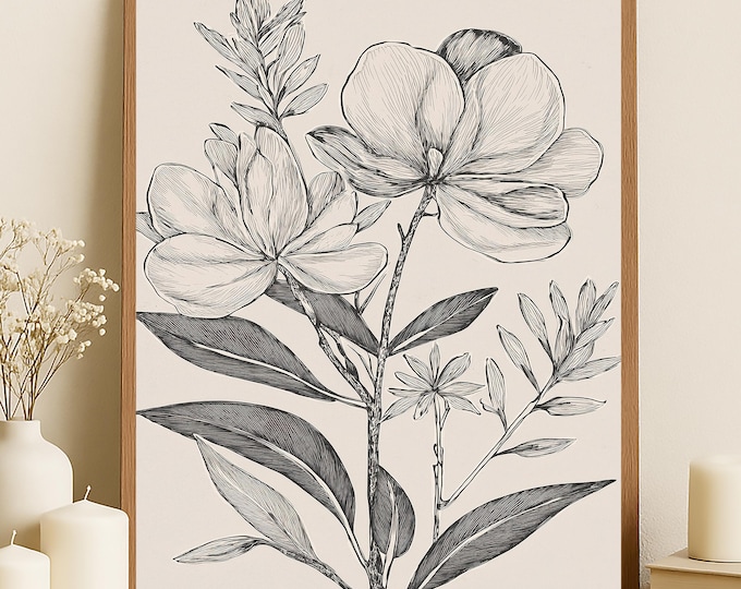 Elegant Botanical Line Art Print | Minimalist Black & White Flower Wall Art | Instant Digital Download | Modern Nature Home Décor