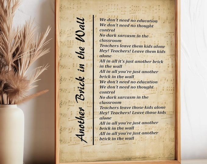 Another Brick in the Wall, Song Lyrics on Sheet Music Background, Printable Wall Art, Music Poster Wall, Hanging Digital Download