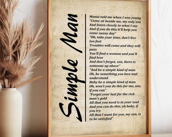 Simple Man Lyrics on Sheet Music, Digital Download, Lyrics Picture,  Music Lyrics Wall Art, Music Gift, Wall Décor, Instant Download