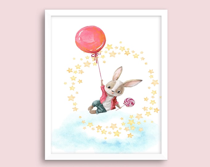 Nursery Wall Art, Cute Flying Baby Animals, Rabbit with a Balloon, Great Baby Shower Gift, Nursery Décor - Digital Download