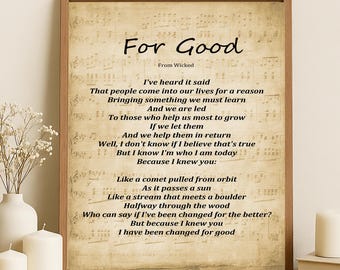 For Good Lyrics Wall Art, Wicked Musical Printable, Broadway Friendship Quote, Instant Digital Download, Inspirational Home Décor Gift