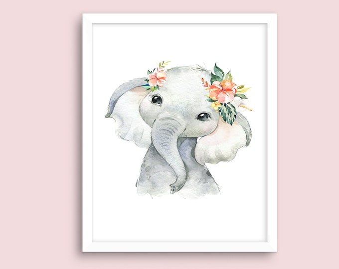 Printable Safari Wall Art, Baby Girl Elephant,  Girls Room Décor, Jungle Nursery Picture, Nursery Wall Hanging, Baby Shower Gift