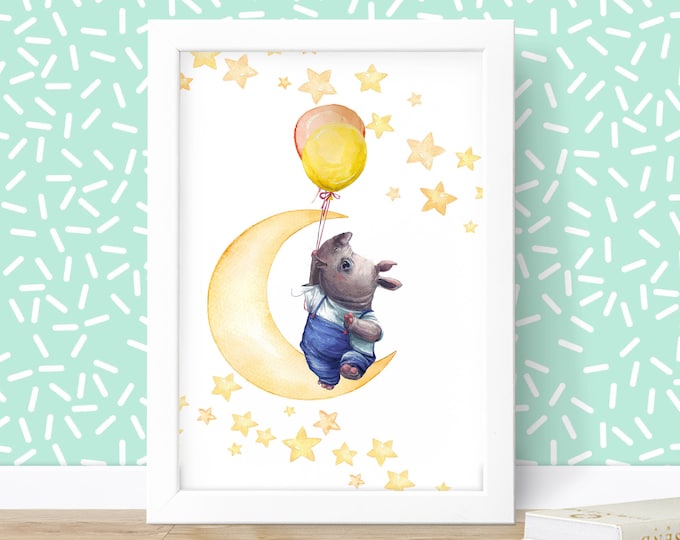 Nursery Wall Art Digital Download, A Rhino on the Moon, Great Baby Shower Gift, Cute Animal Sitting On the Moon, Nursery Décor