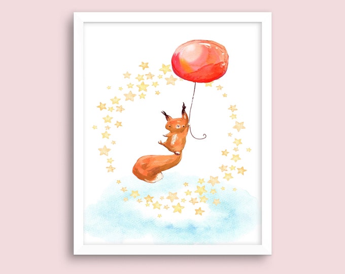Nursery Wall Art, Cute Flying Baby Animals, Squirrel with a Balloon, Great Baby Shower Gift, Nursery Décor - Digital Download