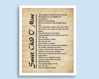 Sweet Child O' Mine Lyrics Print: Sheet Music Wall Art (Digital Download)
