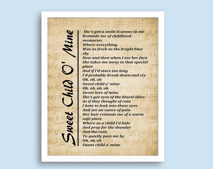 Lyrics on Sheet Music Background, Sweet Child O' Mine, Printable Wall Art, Music Poster Wall Hanging, Instant Picture, Digital Download