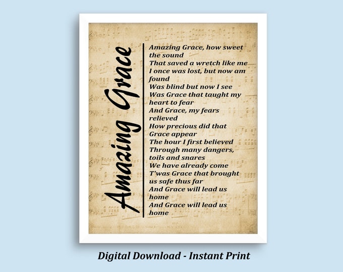 Christian Wall Art Amazing Grace - Lyrics on Sheet Music Background, Song Lyrics Wall Art - Instant Download – Wall Hangings - Wall Decor