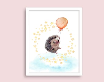 Nursery Wall Art, Cute Flying Baby Animals, Hedgehog with a Balloon, Great Baby Shower Gift, Nursery Décor - Digital Download