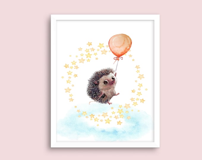 Nursery Wall Art, Cute Flying Baby Animals, Hedgehog with a Balloon, Great Baby Shower Gift, Nursery Décor - Digital Download