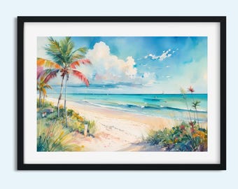 Beach Watercolor Art: Palm Trees & Ocean Waves - Coastal Home Décor Print - Coastal Landscape Wall Art