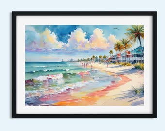 Watercolor Beach Scene Print: Serene Tropical Seascape Wall Art for Summer Home Décor