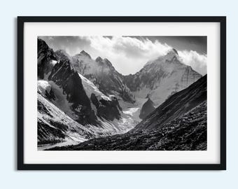 Snow-Capped Peaks Black & White Print: Dramatic Mountain Landscape Wall Art - Breathtaking Mountain Scenery