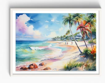 Watercolor Beach Print | Tropical Ocean Wall Art | Coastal Pastel Seaside Décor | Beach House Wall Print | Beach Artwork