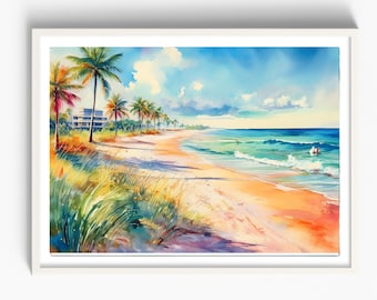 Tropical Beach Print, Watercolor Coastal Wall Art, Palm Tree Ocean Landscape Print, Seaside Art Décor, Unframed Print, Multiple Sizes