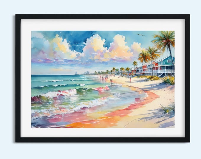 Pastel Watercolor Beach Art Print | Coastal Seascape Wall Décor | Ocean Waves & Palm Trees | Printable Instant Digital Download