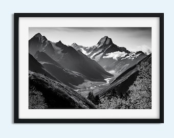 Black and White Mountain Landscape Print | Dramatic Nature Wall Art | Scenic Valley River Photo | Multiple Sizes 5x7 8x10 8x12 and 11x14